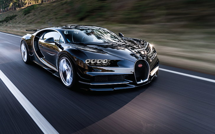 black Bugatti car, Bugatti Chiron, Super Car, vehicle, road, motion blur, HD wallpaper