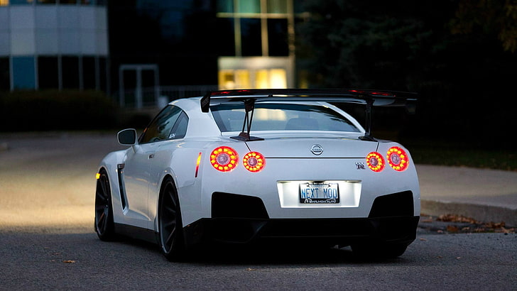 white Nissan GT-R coupe, the evening, R35, Nissan GTR, brake lights