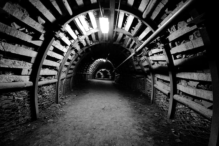 grayscale photo of hallway, tunnel, arch, underground, lights