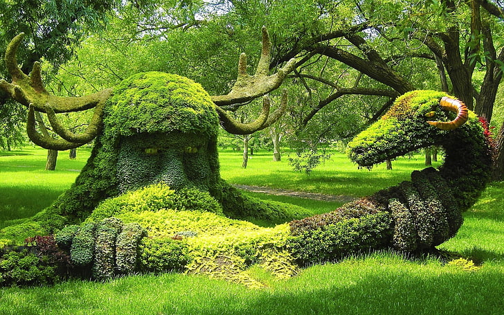 nature, trees, sculpture, green, landscape, plant, green color