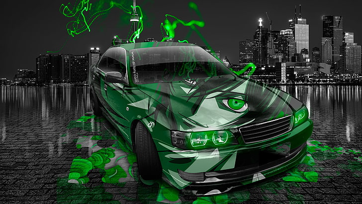 green coupe, Auto, Night, The city, Machine, Style, Wallpaper