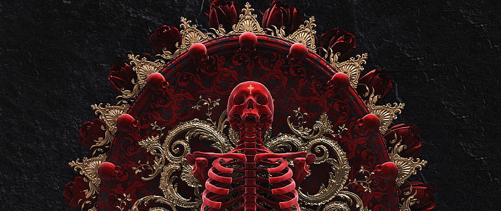 skull and bones, gold, death, red, art and craft, no people