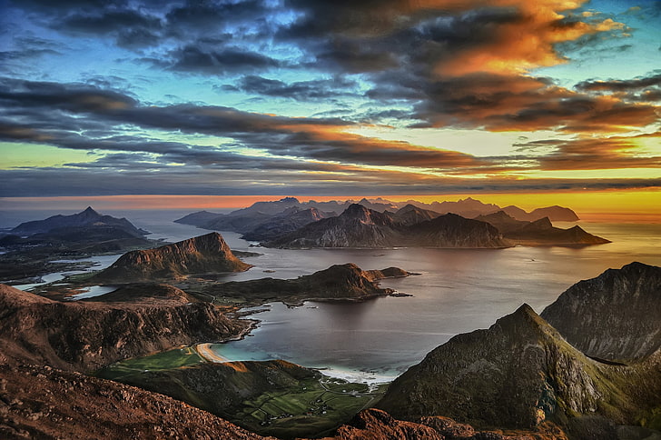 mountain range, sunset, island, Lofoten, mountains, Norway, clouds, HD wallpaper