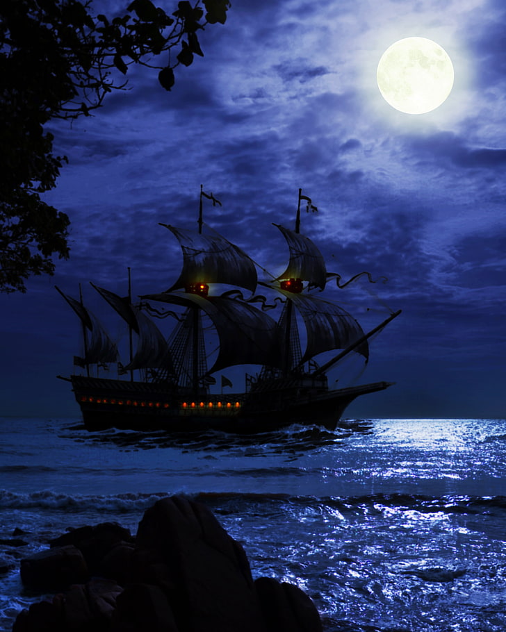 back galleon ship, night, sea, art, waves, nautical Vessel, sailing Ship