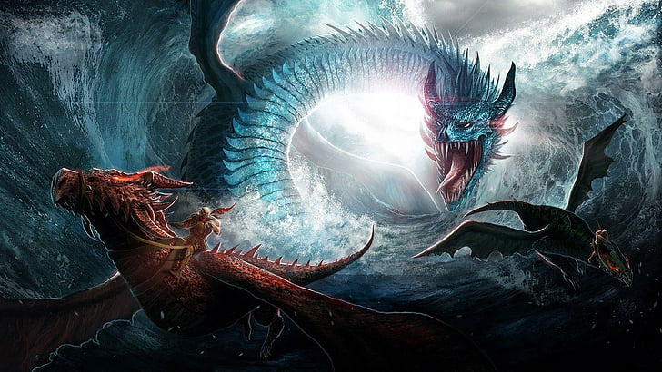 fight, dragon, fantasy art, dragons, ocean, sea, warrior, HD wallpaper