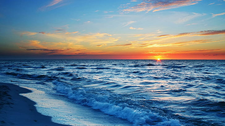 superb ocean sunset, seashore and sunset photography, beach, horizon HD wallpaper