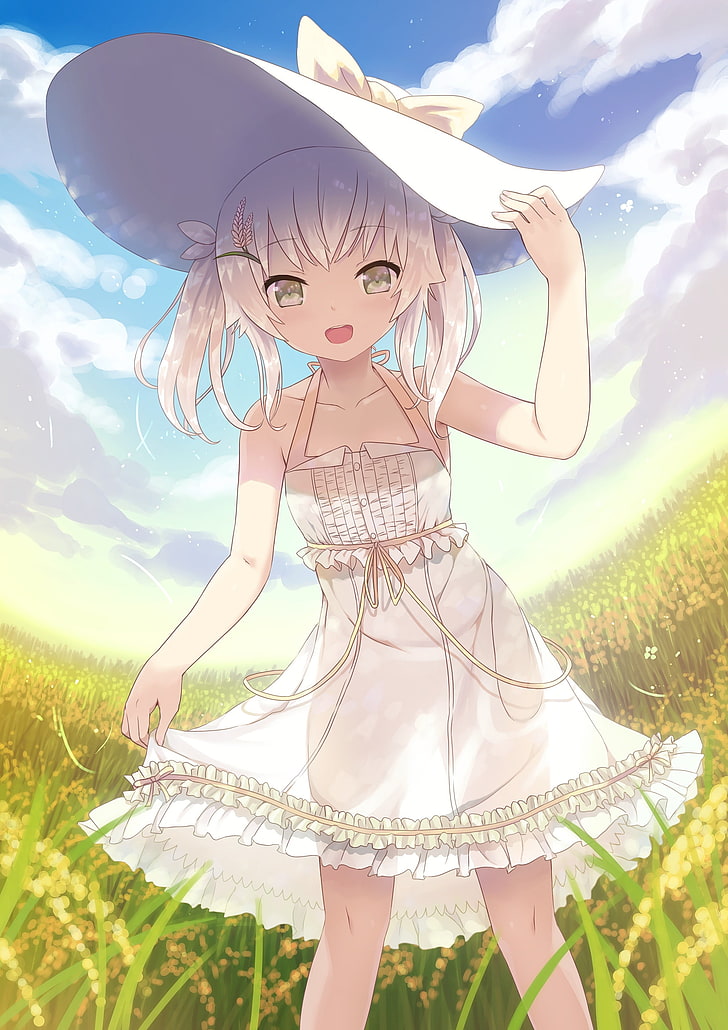 HD wallpaper: anime, anime girls, field, dress, white dress, looking at