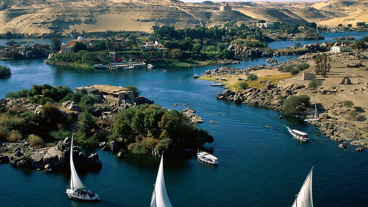 Beautiful Nile River Egypt, houses, boats, islands, nature and landscapes, HD wallpaper