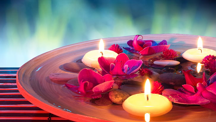 SPA themed, candles, flowers, stones, water