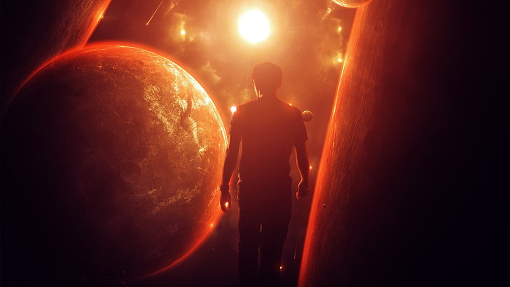 man standing in front of planets wallpaper, galaxy, lights, universe, HD wallpaper