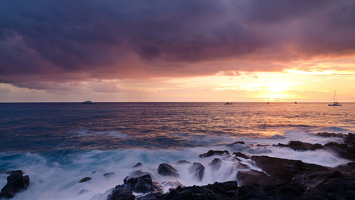 nature, landscape, sunset, clouds, beach, rock, sea, HD wallpaper