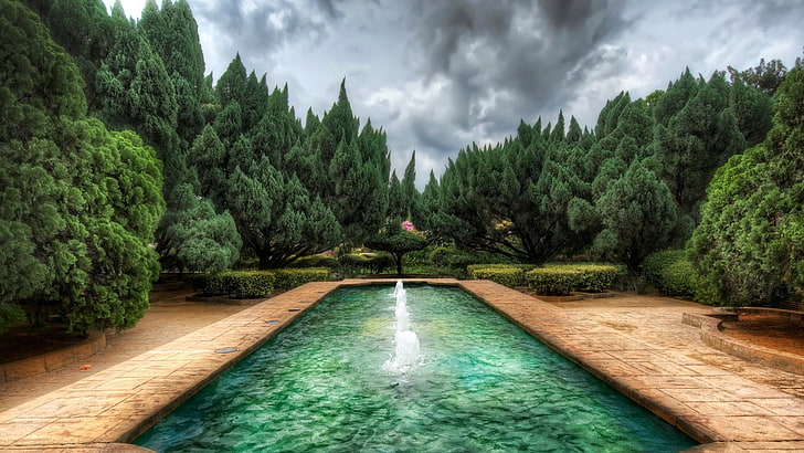 brown above-ground pool, fountain, trees, HDR, garden, overcast, HD wallpaper