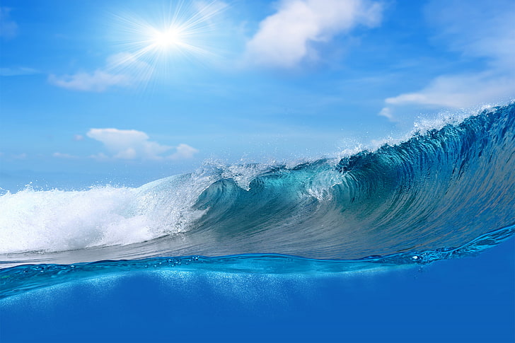 seawaves, water, the ocean, sky, blue, splash, nature, pipeline Wave, HD wallpaper