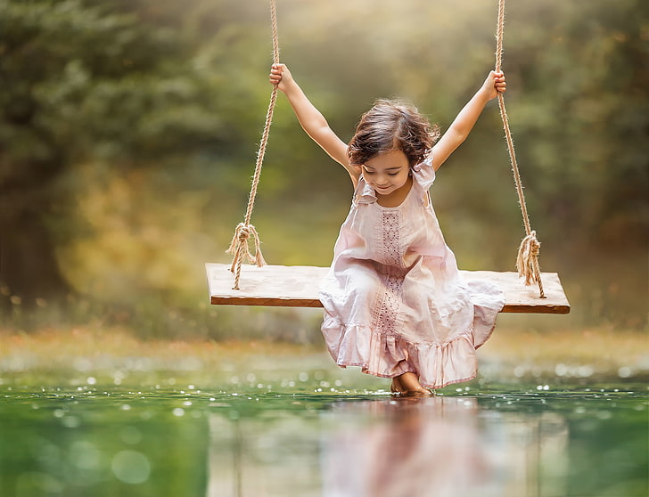 brown swing, smile, dress, girl, Happiness is, swinging, outdoors