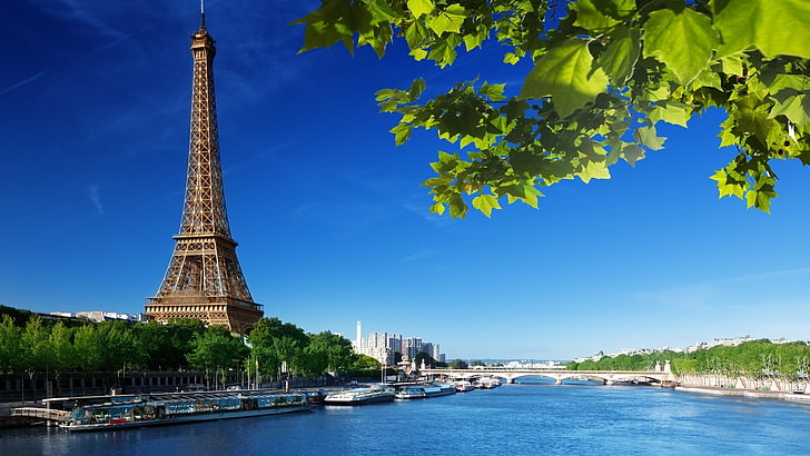 Eiffel tower near trees, Paris, river, boat, travel destinations