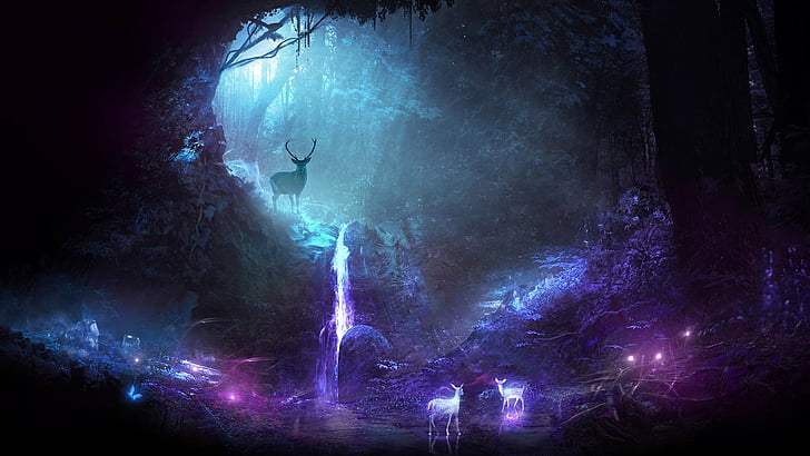 HD wallpaper: Fantasy Animals, Deer, Night, Spirit, Waterfall, illuminated  | Wallpaper Flare