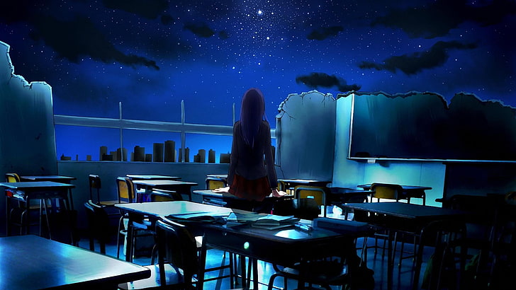 anime girls, night sky, back, school uniform, classroom, looking into the distance