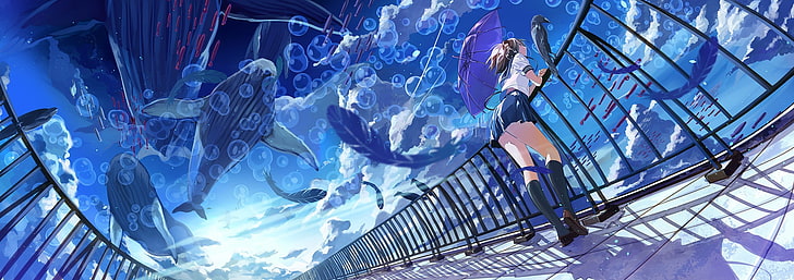 umbrella, fish, school uniform, anime girls, clouds, whale, HD wallpaper