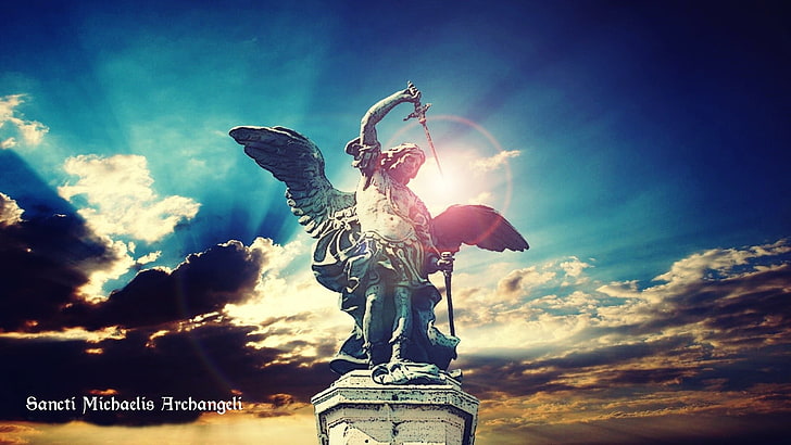 Archangel statue, st michael archangel, sky, lights, sword, cloud - sky