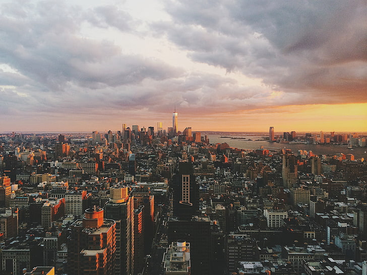 clouds, sunset, New York, horizon, Manhattan, One World Trade Center, HD wallpaper