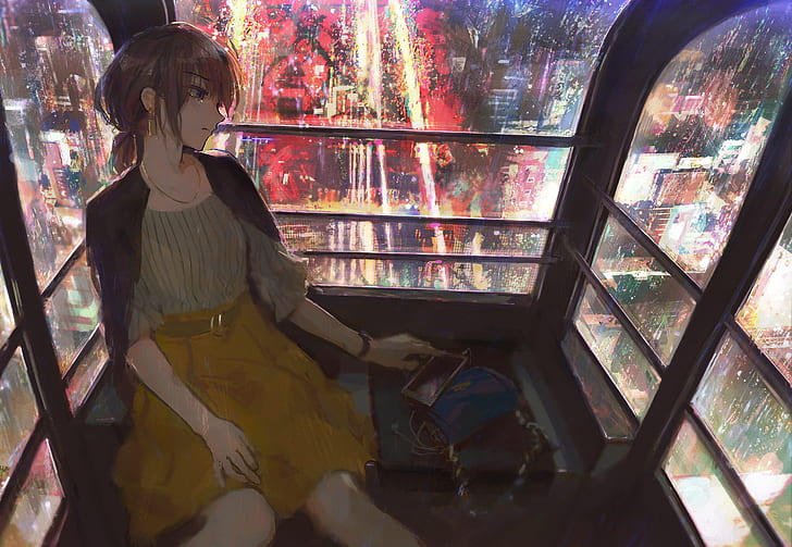 Anime, Original, Ferris Wheel, Girl, Night
