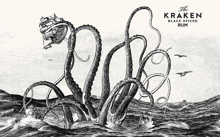 Kraken black spiced rum illustration, boat, sea monsters, sailing ship
