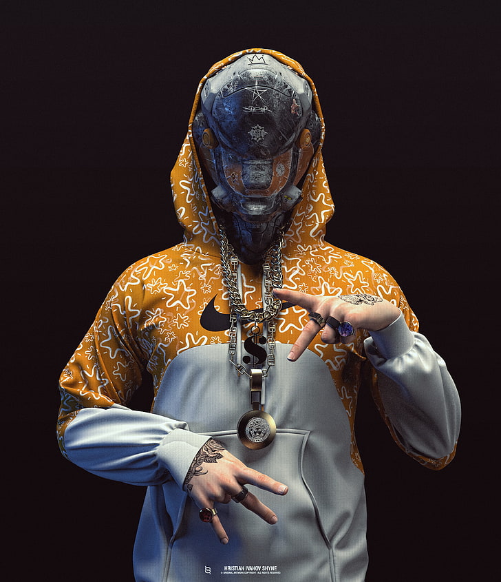 brown, white, and gray pullover hoodie, digital art, robot, futuristic