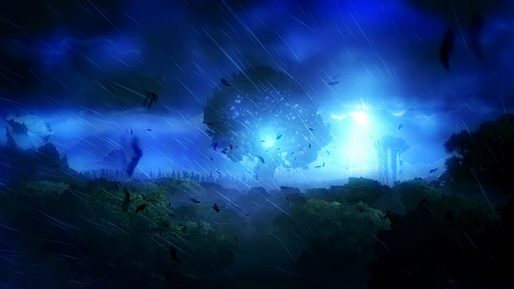 Ori and the Blind Forest, Forest, Spirits, Storm, tree during night time landscape painting