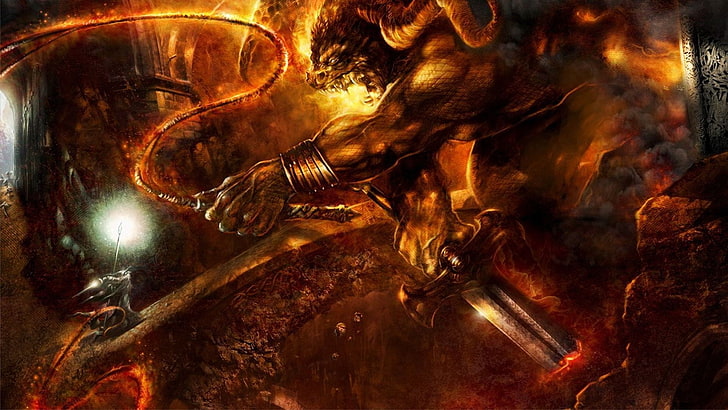 video game screenshot, taurus monster with flaming whip, The Lord of the Rings, HD wallpaper