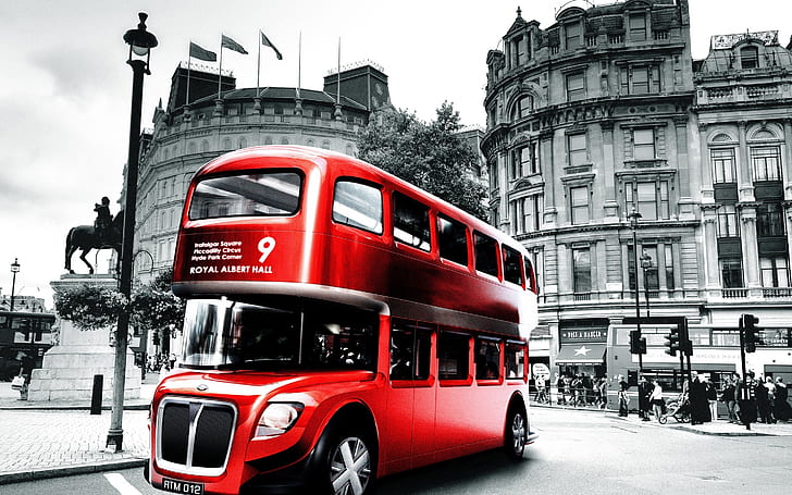 London Bus Design, red double decker bus in selective protography