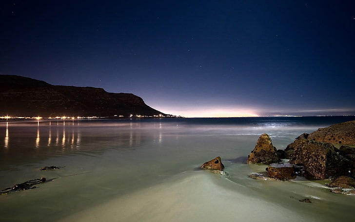 landscape, beach, rock, reflection, lights, Cape Town, sky, HD wallpaper