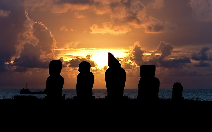 Sunset Clouds Silhouette Statues Easter Island HD, nature