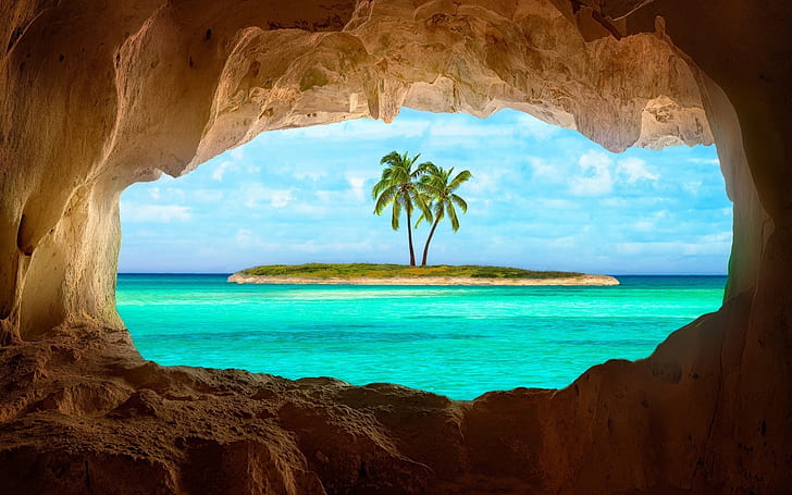 Caribbean Island, palm trees, ocean, HD wallpaper