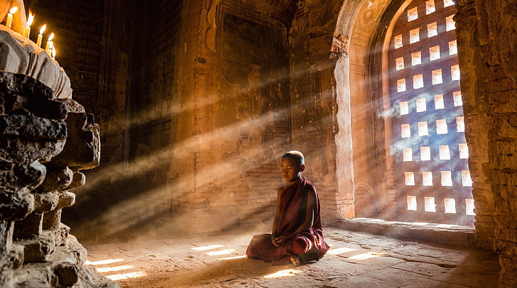 boy's red robe, photography, nature, monks, meditation, sun rays, HD wallpaper