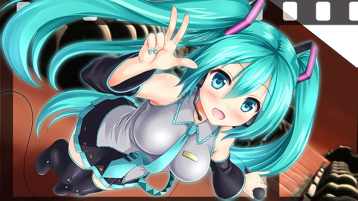 Vocaloid, Hatsune Miku, thigh-highs, indoors, high angle view