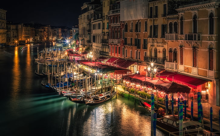 Canal Grande, Venice, Italy, brown boat, Europe, City, Dark, Night