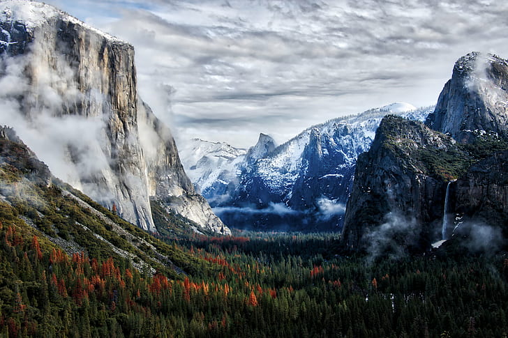 Mountains with field of flowers, Winter, Tunnel View, Yosemite, HD wallpaper