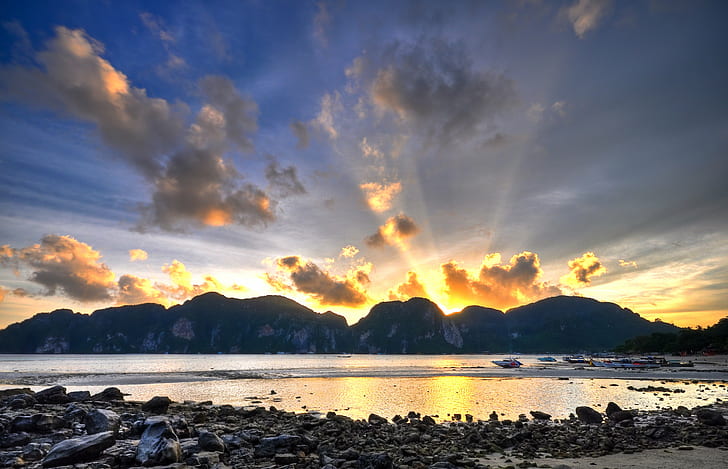 panoramic photo of mountains during sunrise, koh phi phi, sunset  island, HD wallpaper