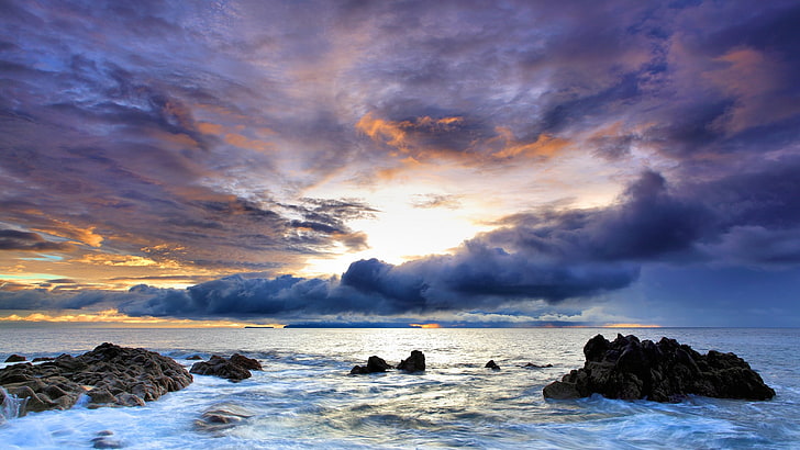 rock covered with body of water, landscape, clouds, sea, sky