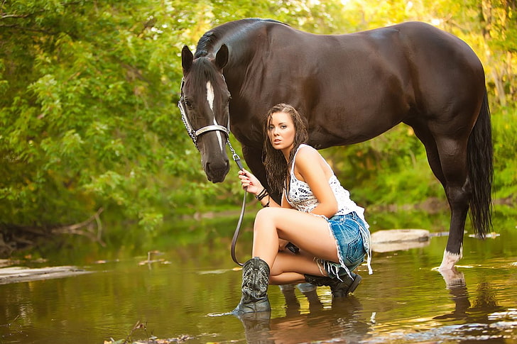 cowgirl, green, horse, nature, water, HD wallpaper