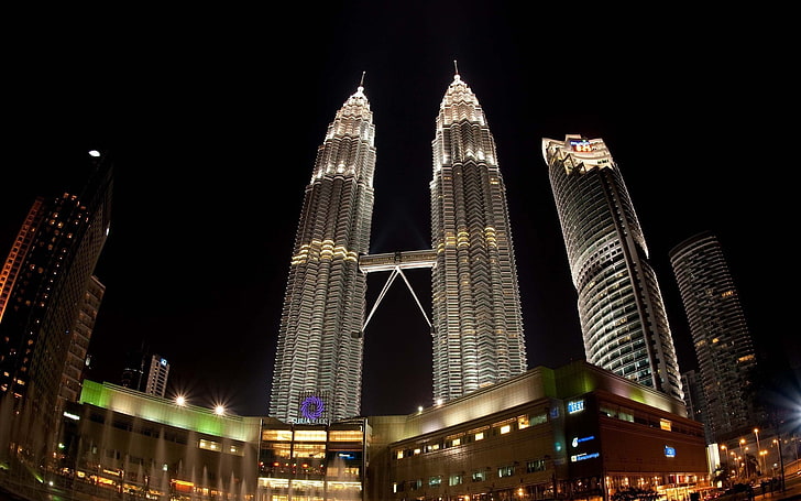 cityscape, skyscraper, night, Petronas Towers, Malaysia, architecture