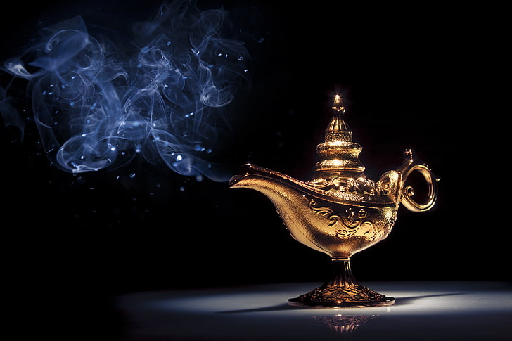gold genie lamp, smoke, cultures, backgrounds, decoration, asia, HD wallpaper