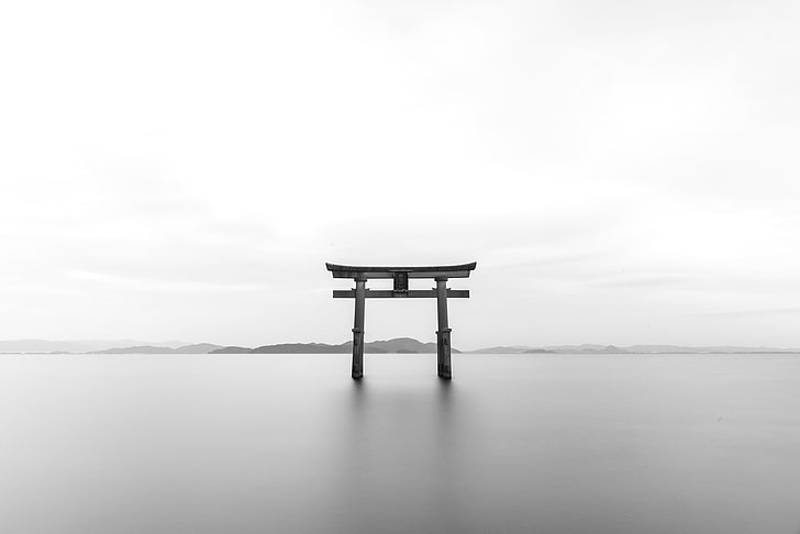 torii, gates, lake, monochrome, photography, Japan, long exposure, HD wallpaper
