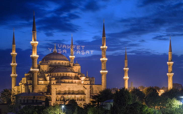 Hagia Sophia, Turkey, trees, night, lights, Istanbul, The Mosque Of Sultan Ahmet, HD wallpaper