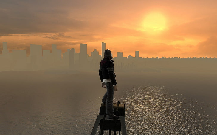 black jacket, video games, screen shot, cityscape, lake, prototype
