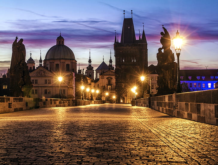 bridge, the city, lights, dawn, building, morning, pavers, Prague