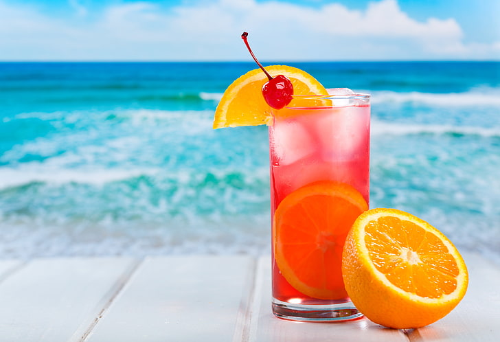 fruit cocktail, ice, sea, summer, cherry, background, orange, HD wallpaper