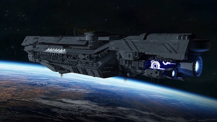 gray spaceship, render, planet, UNSC Infinity, Halo 4, Halo 5: Guardians, HD wallpaper