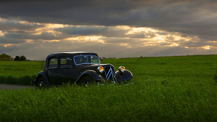 car, Retro style, field, sunset, Citroën, HD wallpaper