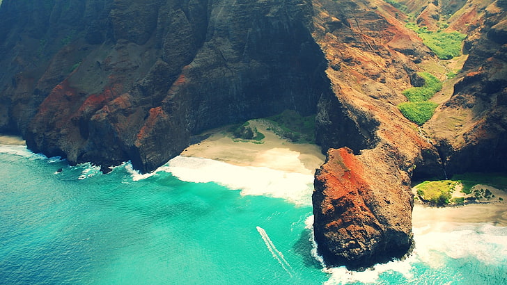 brown mountains and ocean, beach, landscape, Hawaii, sea, summer, HD wallpaper